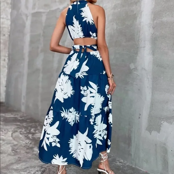 Boho floral plants cutout back ruffle hem dress - Picture 5 of 10